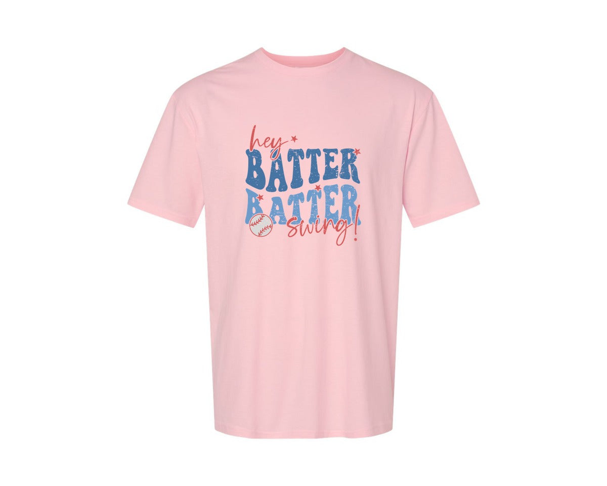 brand:Generic|color:Pink|Retro Baseball Hey Batter Batter Swing Graphic T-Shirt