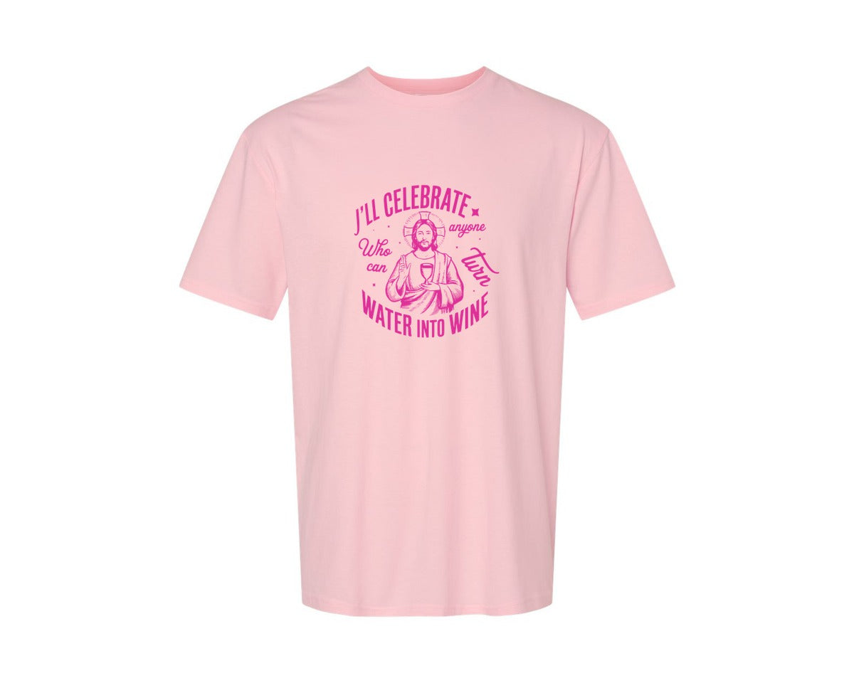 brand:Generic|color:Pink|Jesus Water Into Wine Design Graphic T-Shirt