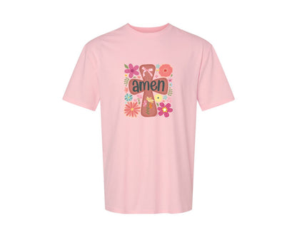 brand:Generic|color:Pink|Boho Floral Amen Christian Graphic T-Shirt
