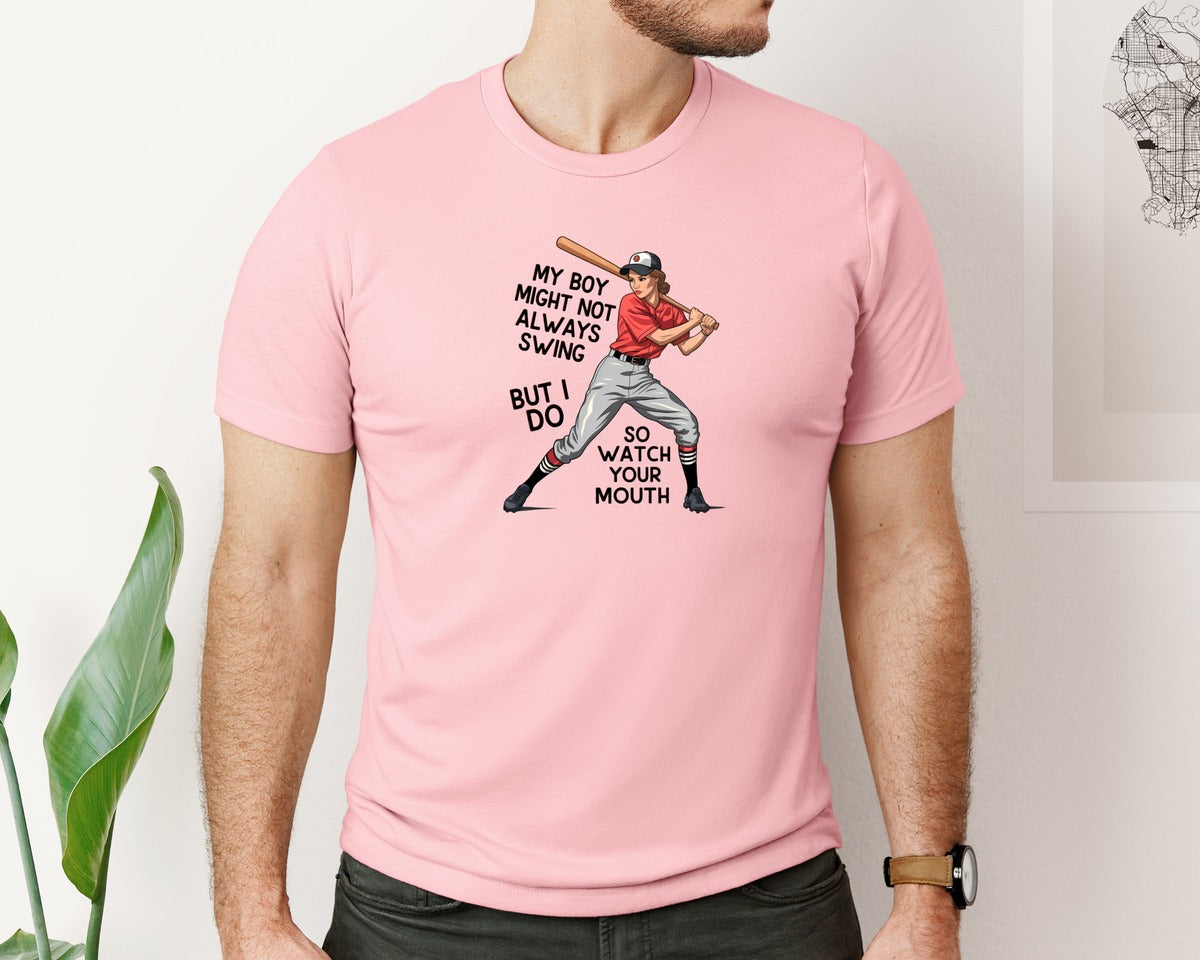 brand:Bella Canvas|color:Pink|Baseball Mom Funny Softball 3 Graphic T-Shirt