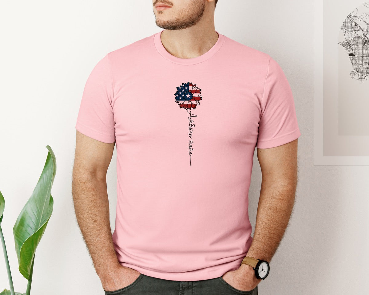 brand:Bella Canvas|color:Pink|American Mama Sunflower 4Th Of July Graphic T-Shirt