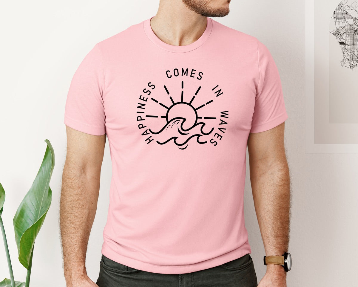 brand:Bella Canvas|color:Pink|Happiness Comes In Waves Graphic T-Shirt