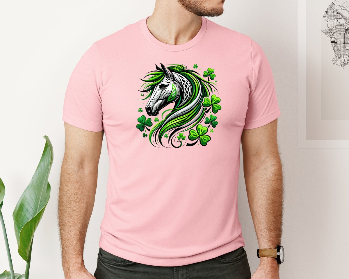 brand:Bella Canvas|color:Pink|St Patricks Day Horse Lucky Graphic T-Shirt