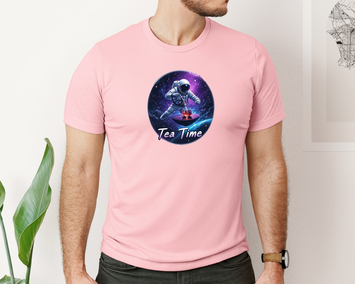brand:Bella Canvas|color:Pink|Astronaut Tea Time In Space T Shirt Graphic T-Shirt