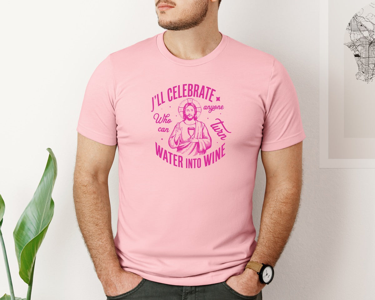 brand:Bella Canvas|color:Pink|Jesus Water Into Wine Design Graphic T-Shirt