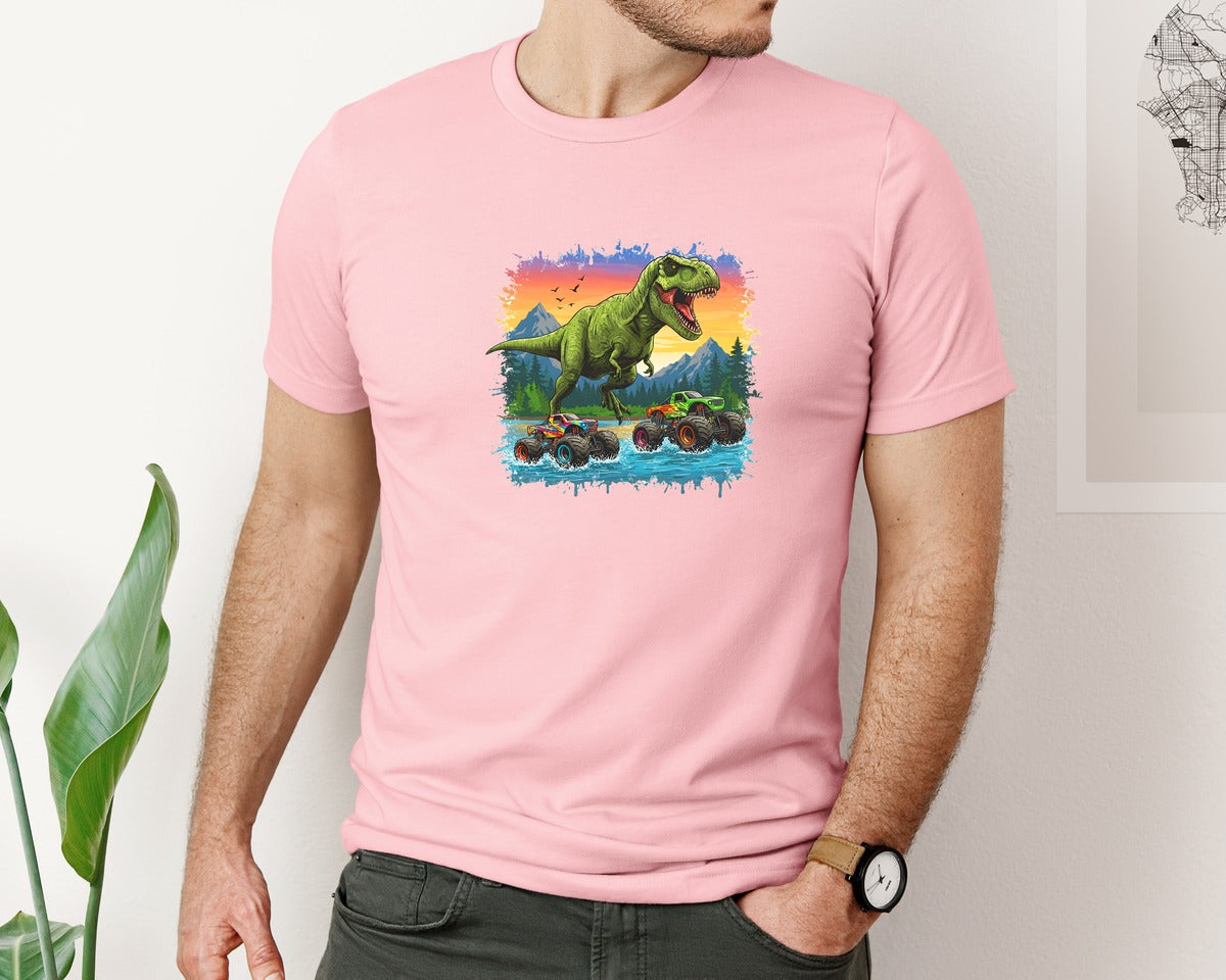 brand:Bella Canvas|color:Pink|Dinosaur Monster Truck T Rex Graphic T-Shirt