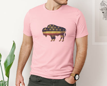 brand:Bella Canvas|color:Pink|American Bison Patriotic Usa Flag 4 Graphic T-Shirt
