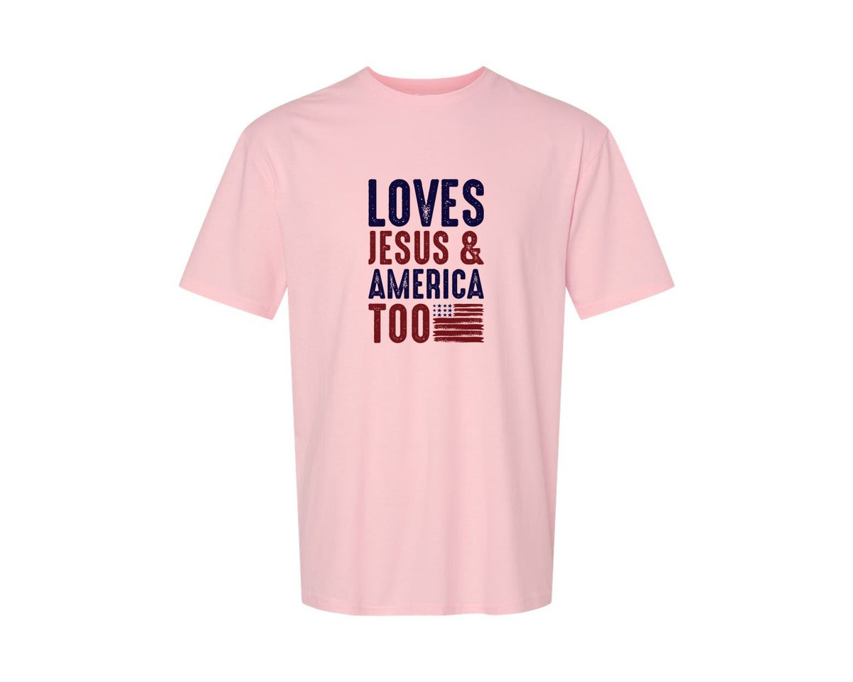 brand:Generic|color:Pink|Loves Jesus And America Too Jesus Graphic T-Shirt