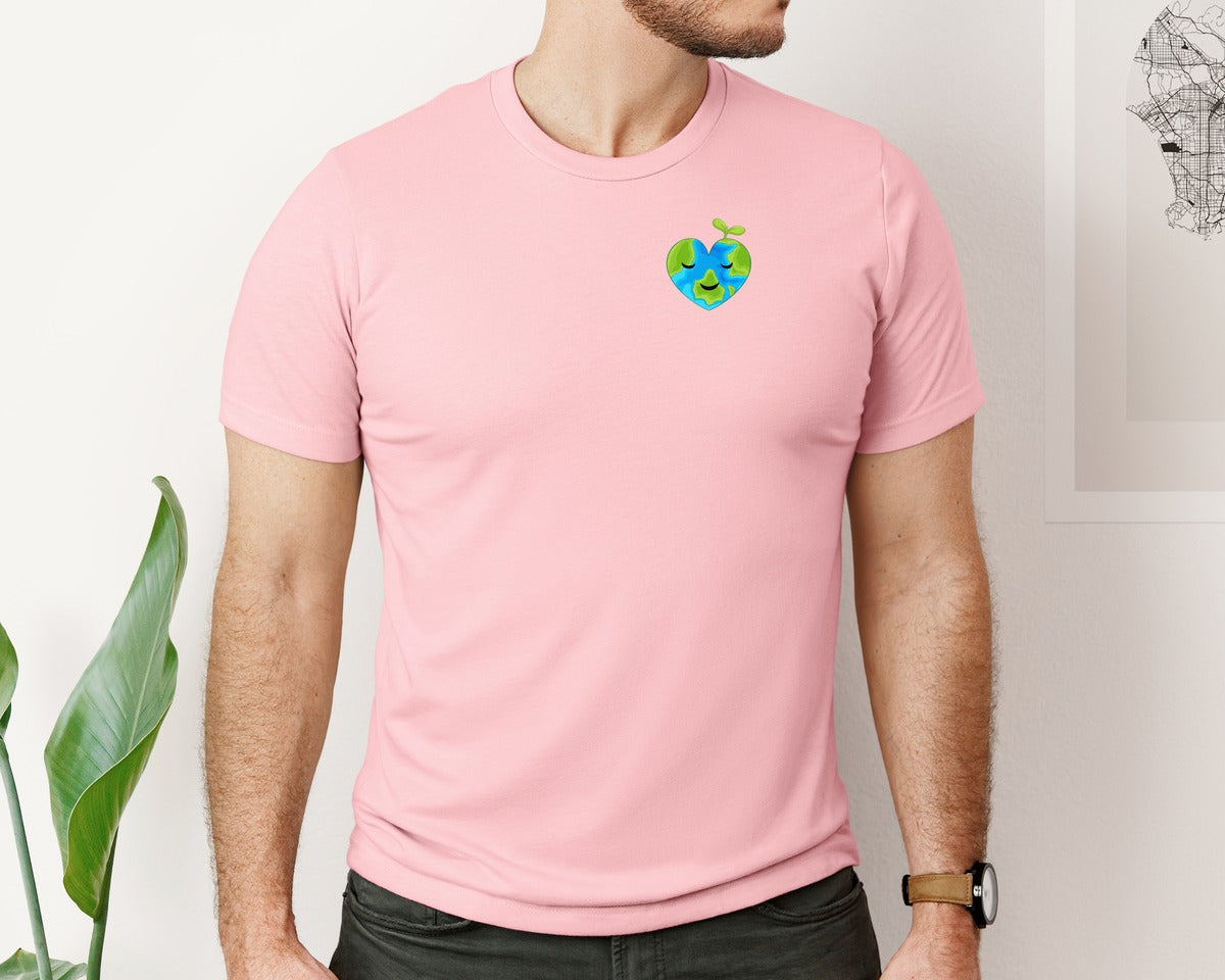brand:Bella Canvas|color:Pink|Love Heart Earth Globe Pocket Design Graphic T-Shirt