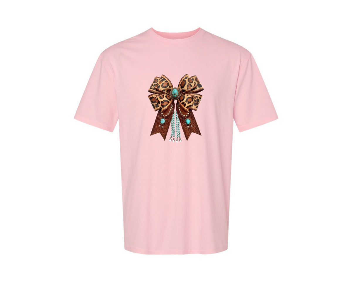brand:Generic|color:Pink|Western Leopard Bow Bohemian Coquette Graphic T-Shirt