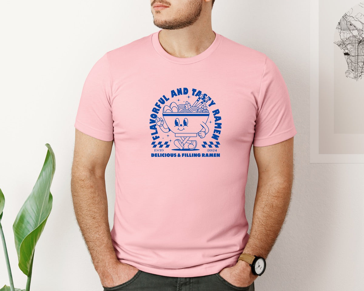 brand:Bella Canvas|color:Pink|Retro Ramen Noodle Cartoon Mascot Design Graphic T-Shirt
