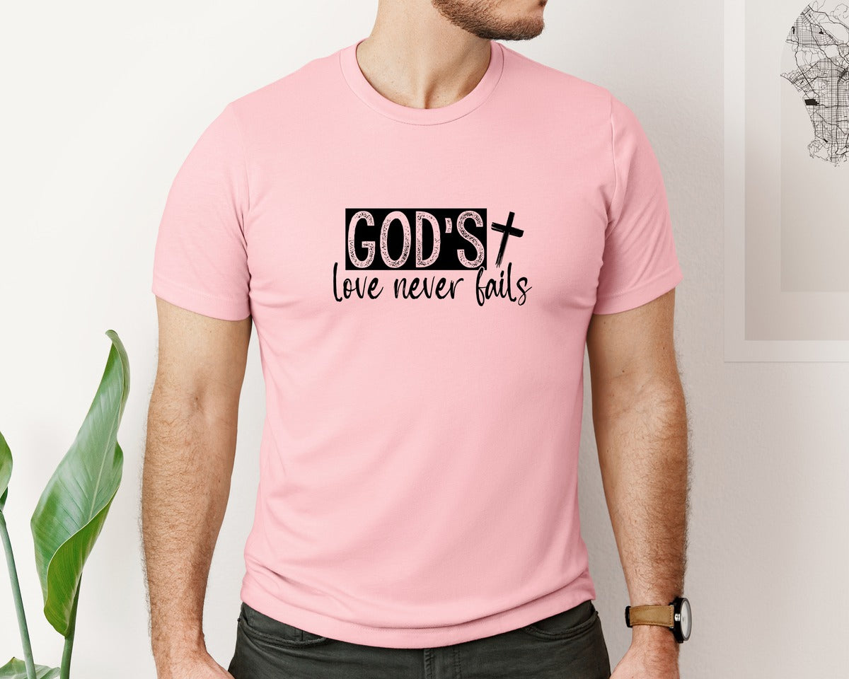 brand:Bella Canvas|color:Pink|Gods Love Never Fails Sleeve Design 2 Graphic T-Shirt
