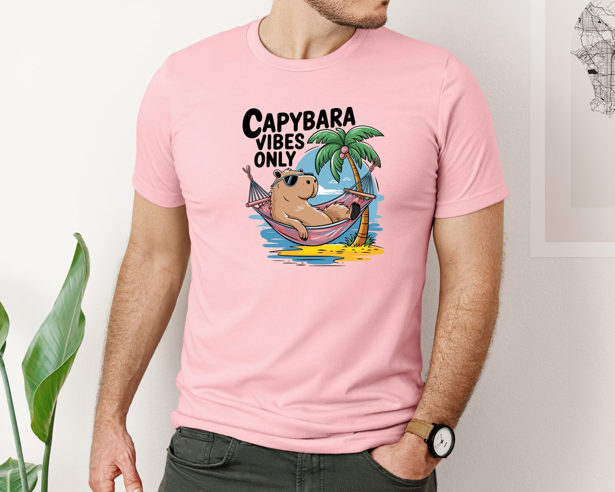 brand:Bella Canvas|color:Pink|Capybara Vibes Only Summer T Shirt Print Graphic T-Shirt