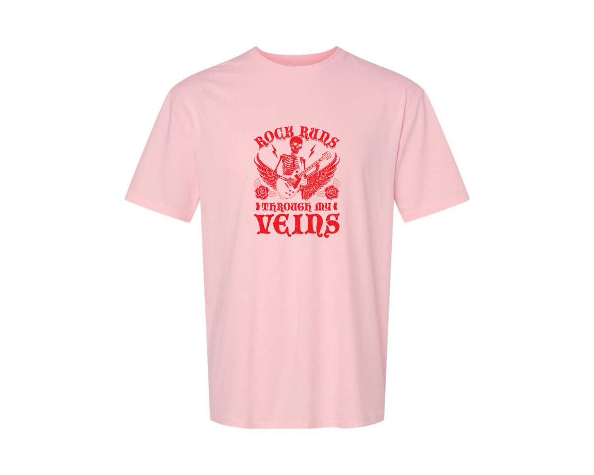 brand:Generic|color:Pink|Rock Runs Through My Veins Design Graphic T-Shirt