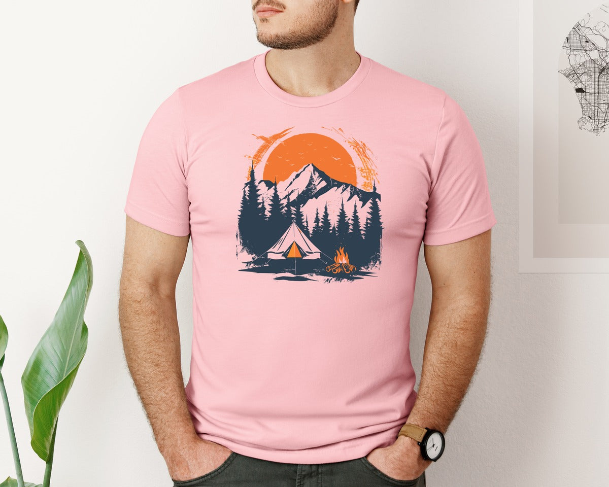 brand:Bella Canvas|color:Pink|Sunset Camping Adventure T Shirt Design 3 Graphic T-Shirt
