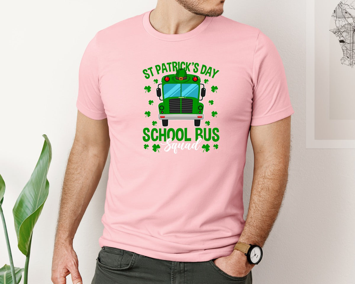 brand:Bella Canvas|color:Pink|St Patricks Day School Bus Squad School 2 Graphic T-Shirt