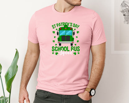 brand:Bella Canvas|color:Pink|St Patricks Day School Bus Squad School 2 Graphic T-Shirt