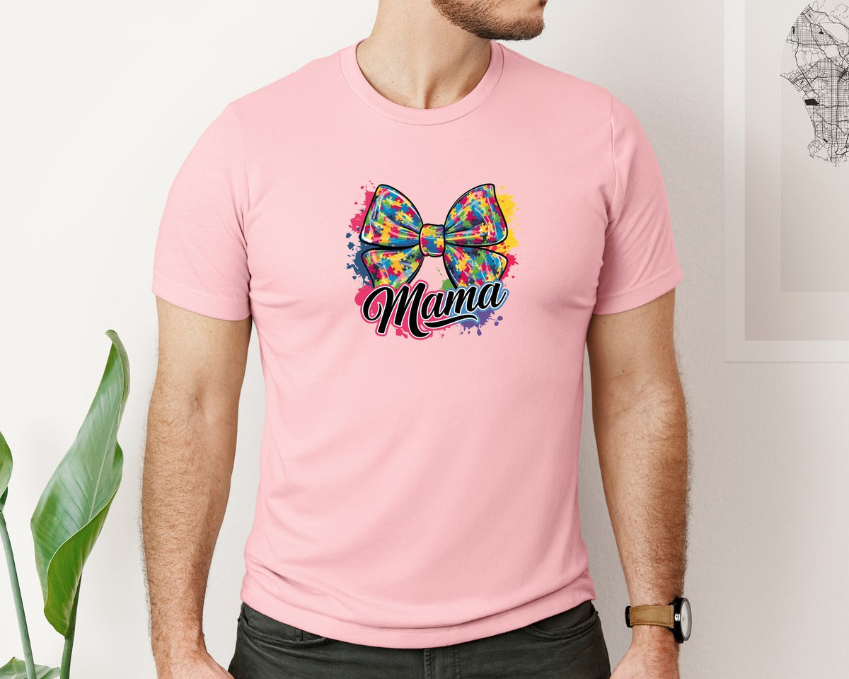 brand:Bella Canvas|color:Pink|Autism Mama Colorful Puzzle Bow Art Graphic T-Shirt