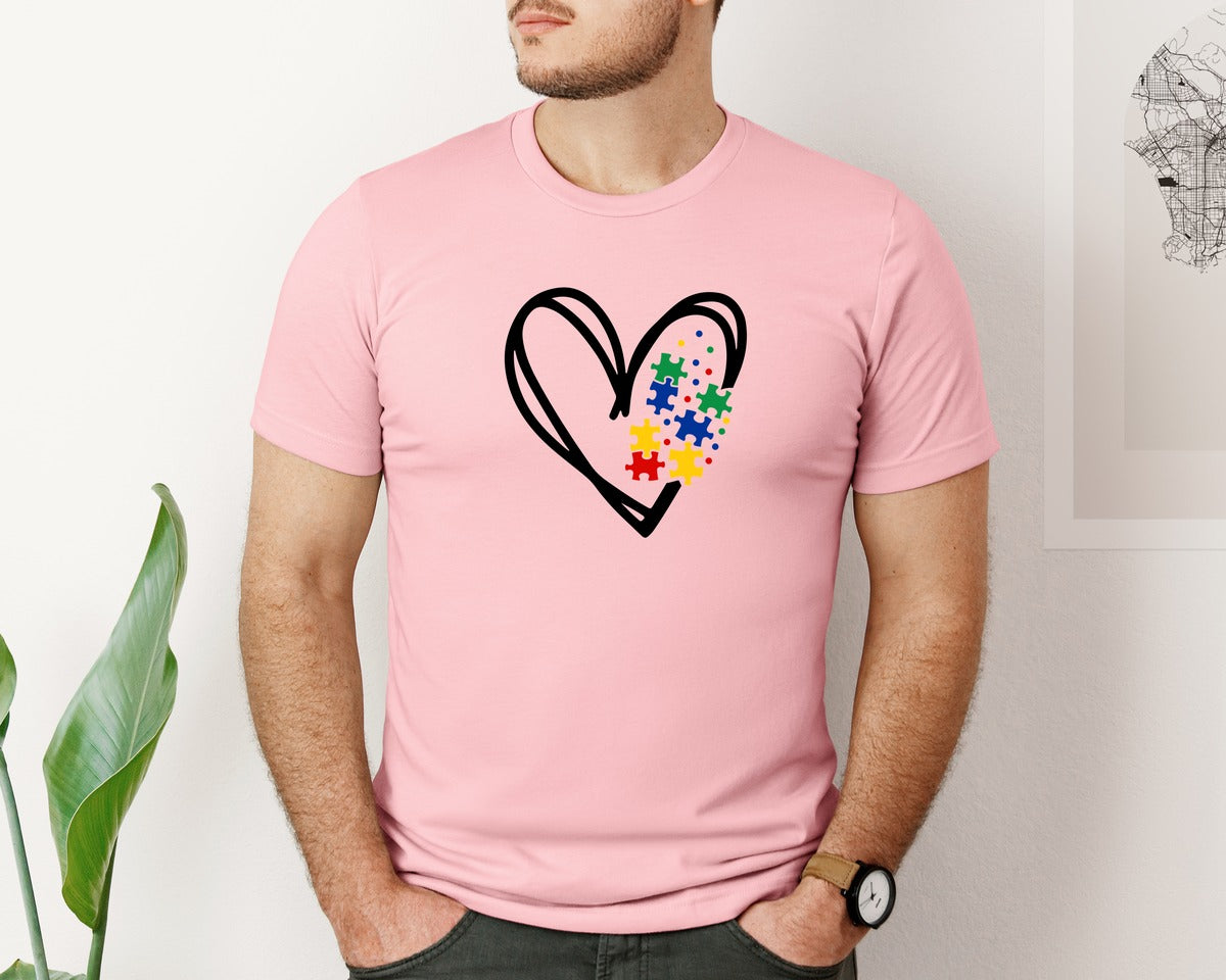 brand:Bella Canvas|color:Pink|Autism Heart Autism Puzzle Graphic T-Shirt