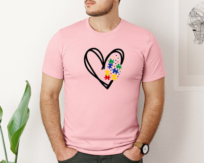 brand:Bella Canvas|color:Pink|Autism Heart Autism Puzzle Graphic T-Shirt