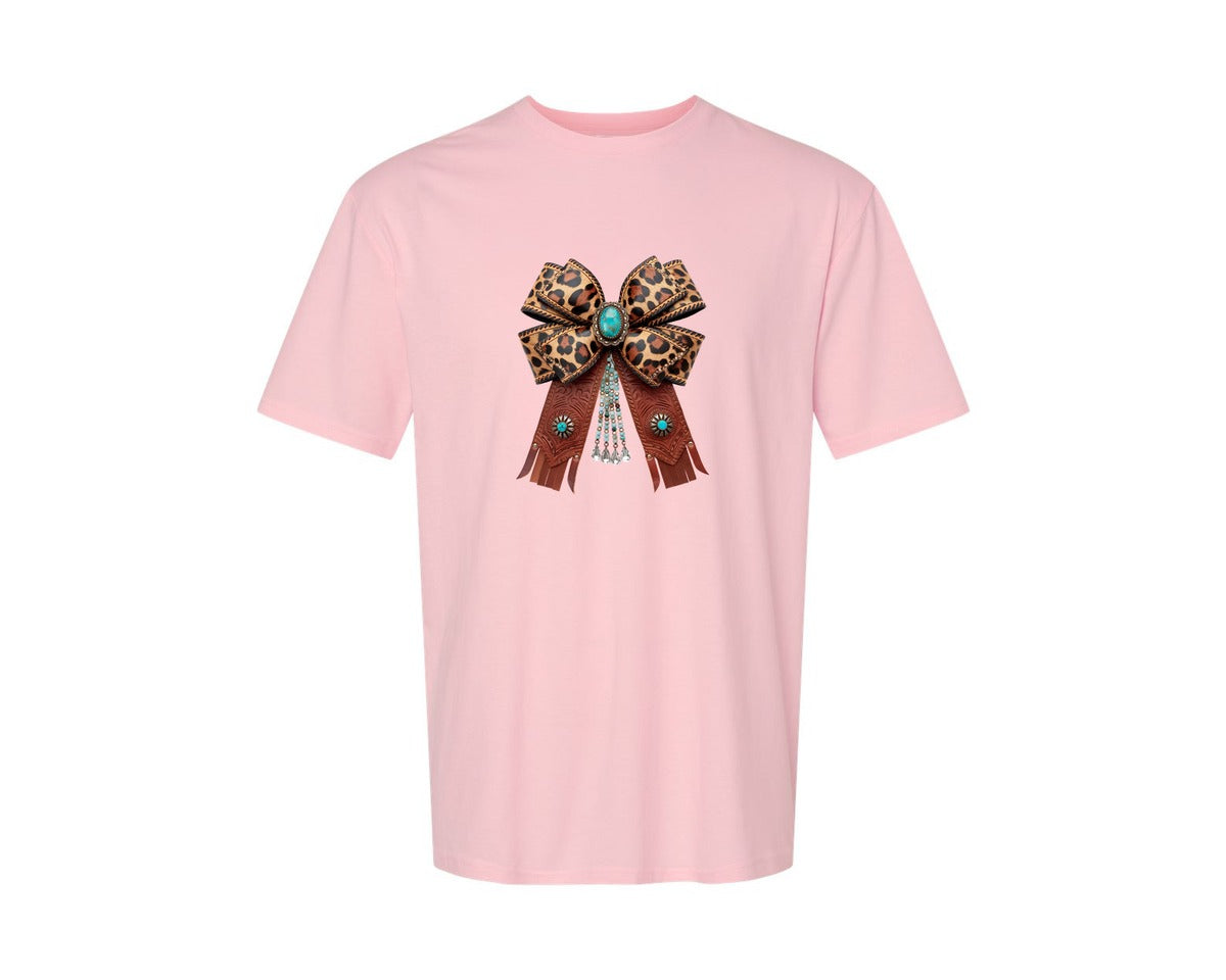 brand:Generic|color:Pink|Western Leopard Bow Coquette Cowgirl 2 Graphic T-Shirt
