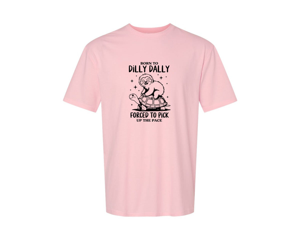 brand:Generic|color:Pink|Born To Dilly Dally Funny Sloth Graphic T-Shirt