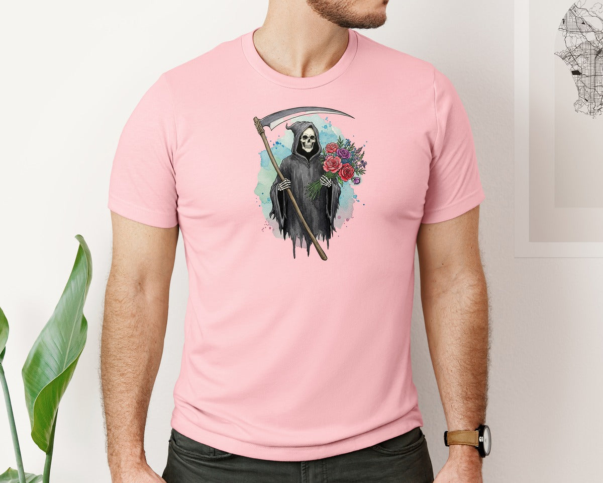 brand:Bella Canvas|color:Pink|Grim Reaper With Flowers Gothic Graphic T-Shirt