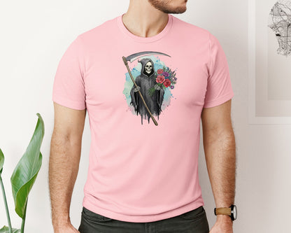 brand:Bella Canvas|color:Pink|Grim Reaper With Flowers Gothic Graphic T-Shirt