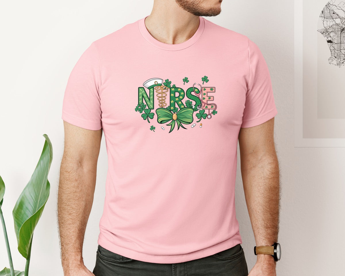 brand:Bella Canvas|color:Pink|St Patricks Day Nurse Lucky Nurse 6 Graphic T-Shirt