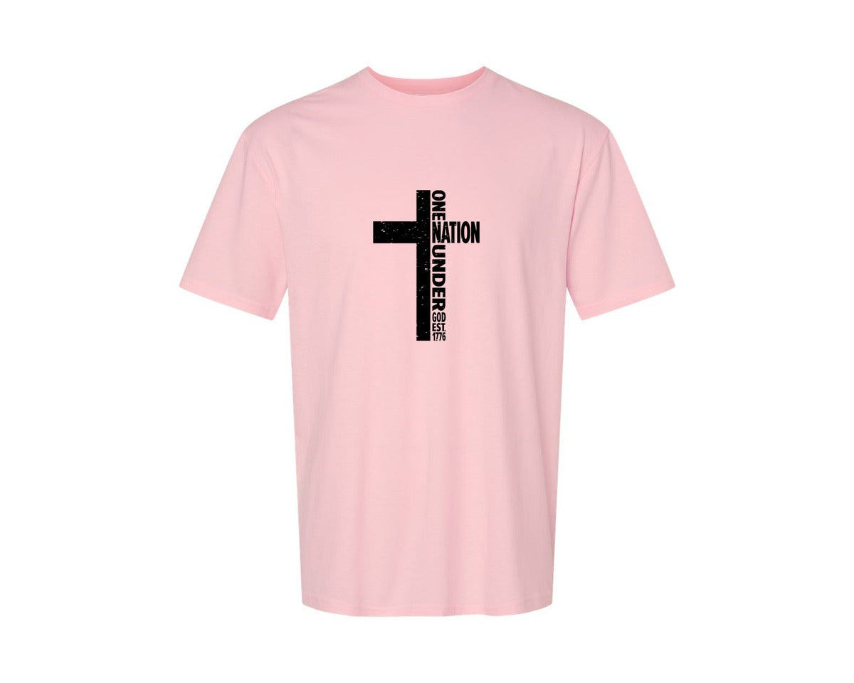brand:Generic|color:Pink|One Nation Under God Cross Freedom Graphic T-Shirt