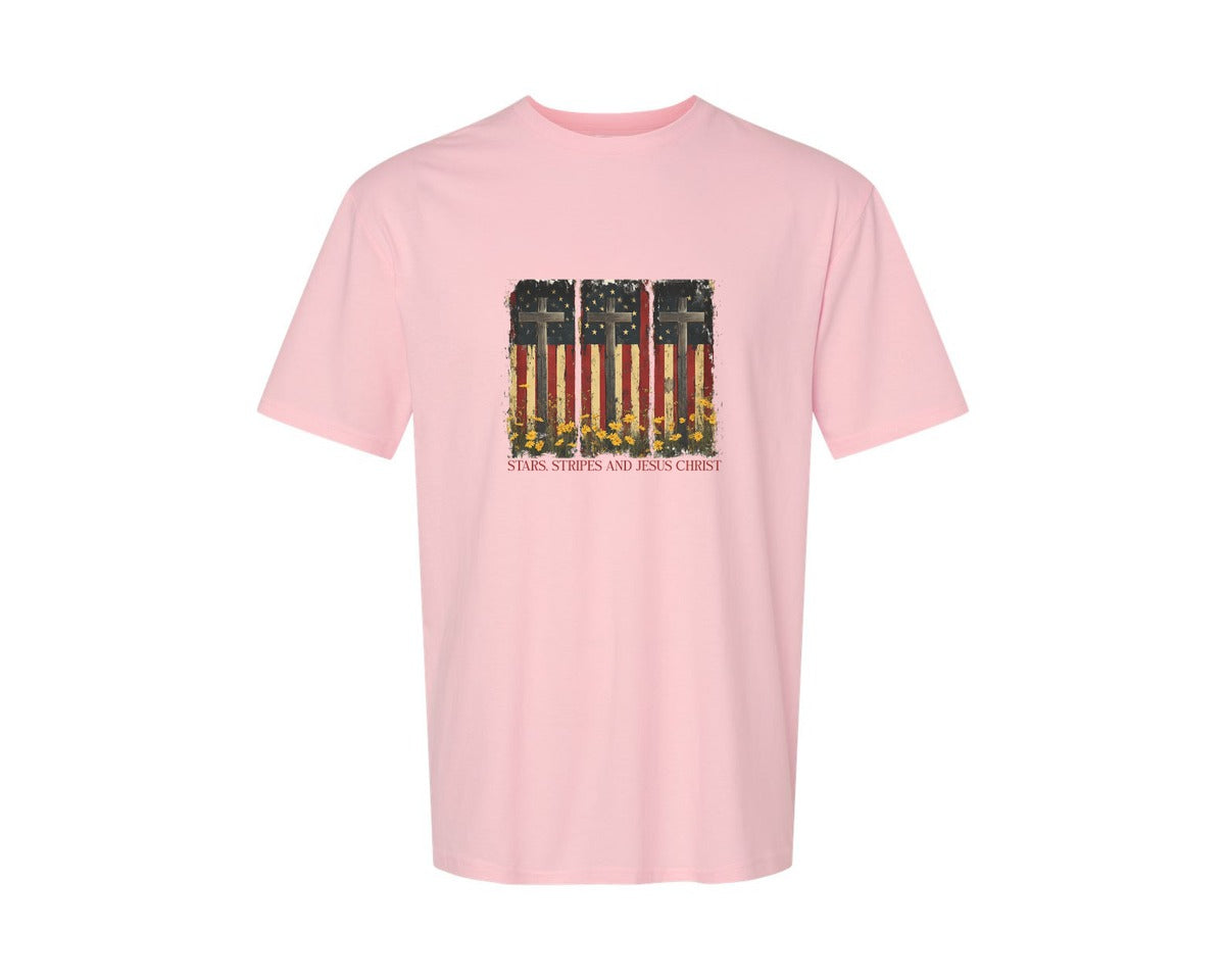 brand:Generic|color:Pink|Stars And Stripes And Jesus Christ Graphic T-Shirt