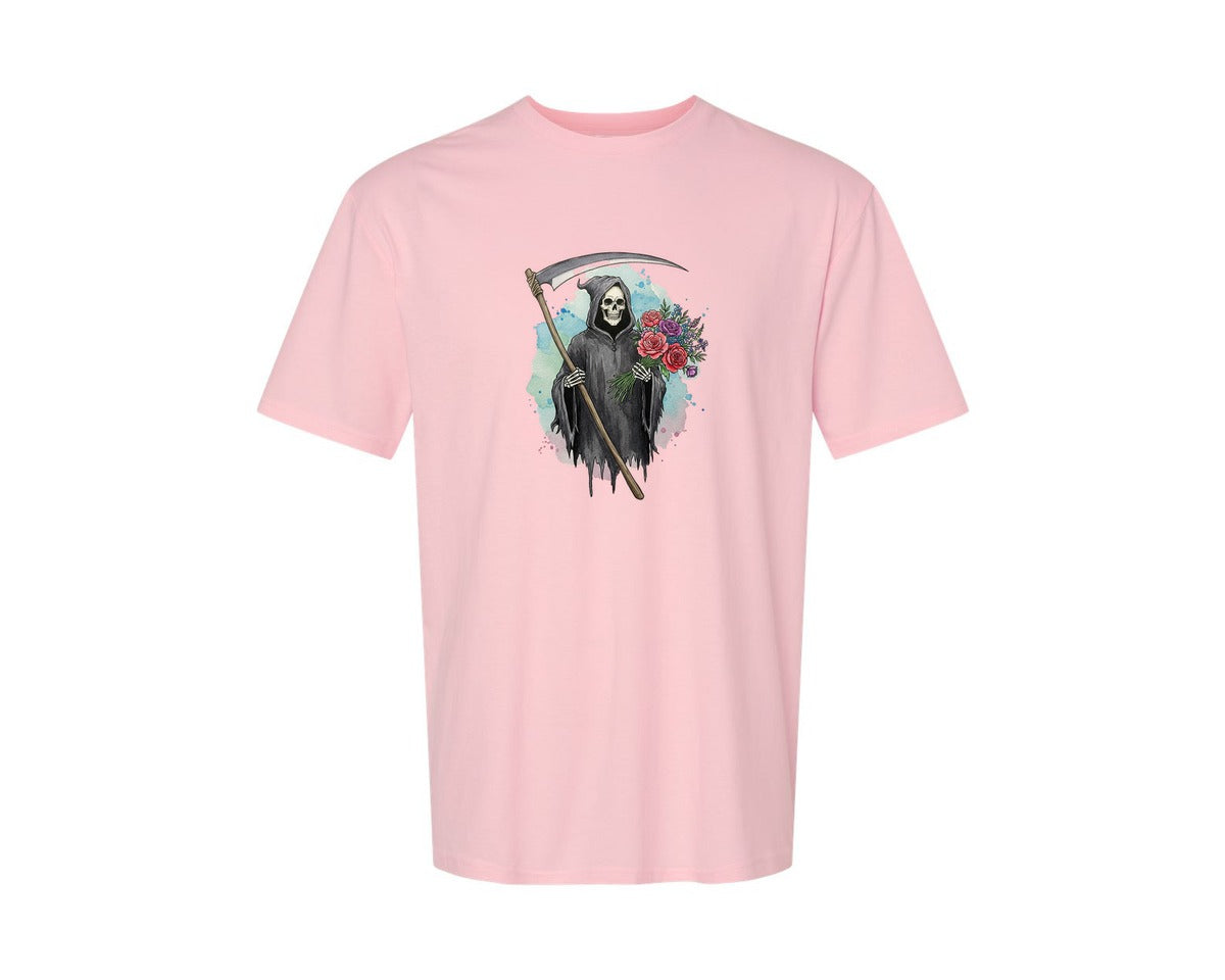 brand:Generic|color:Pink|Grim Reaper With Flowers Gothic Graphic T-Shirt