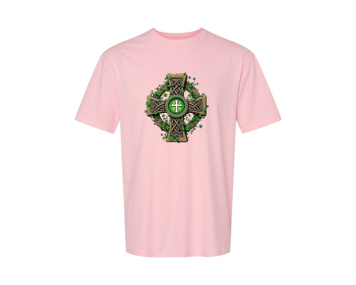brand:Generic|color:Pink|Celtic Cross With Shamrocks Irish Graphic T-Shirt