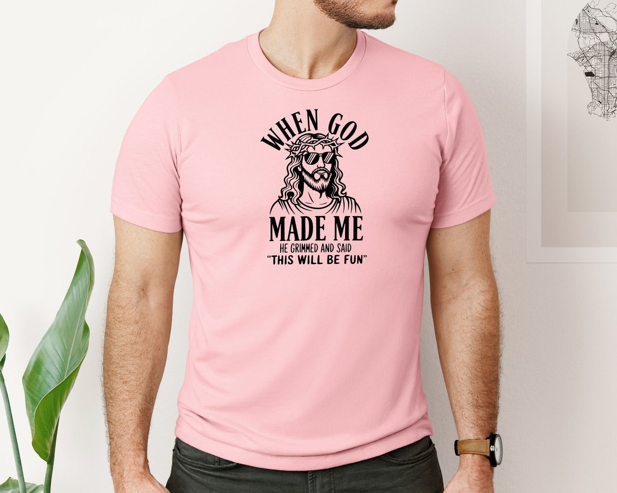 brand:Bella Canvas|color:Pink|God Humor Christian Faith Graphic T-Shirt