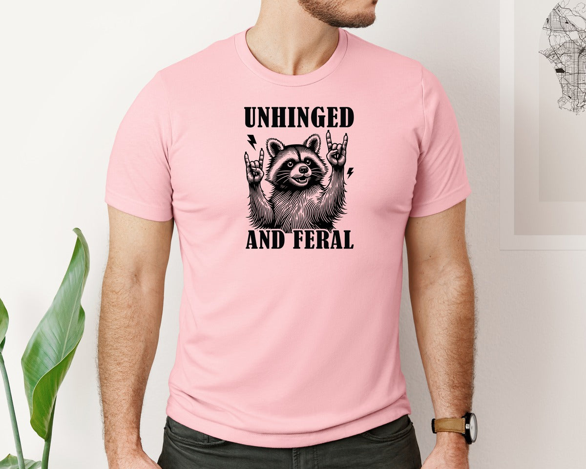 brand:Bella Canvas|color:Pink|Unhinged And Feral Vintage Raccoon Meme Graphic T-Shirt