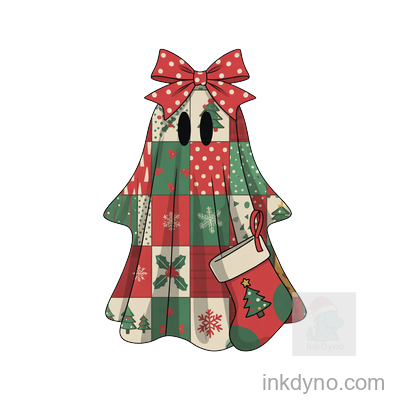 Cute Festive Ghost With Holiday Stocking Design — DTF Transfer