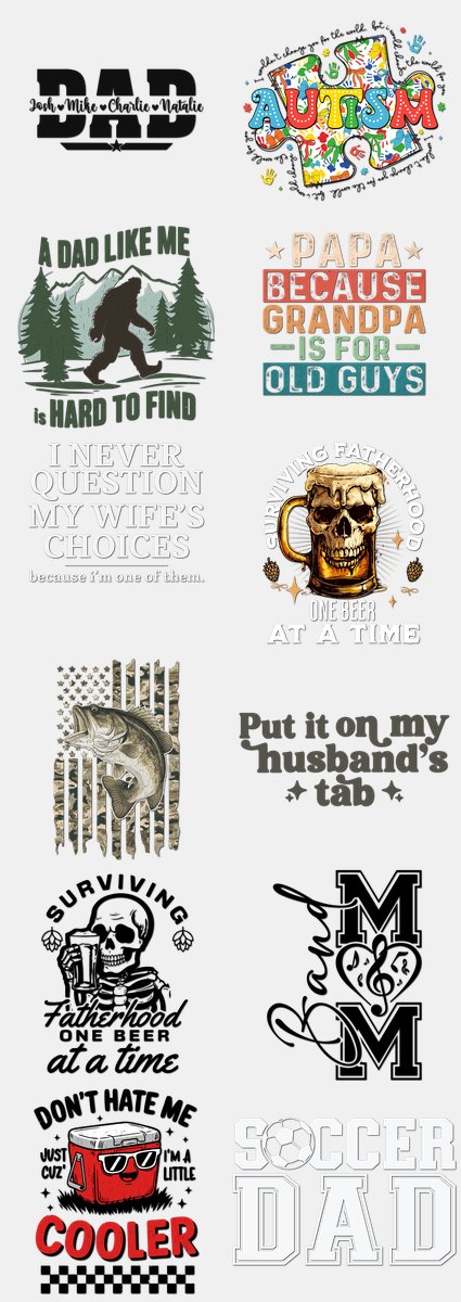 Father's Day DTF Transfers Gang Sheet – 01 | 12 Designs Ready to Press