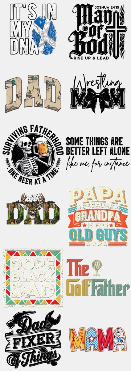 Father's Day DTF Transfers Gang Sheet – 05 | 12 Designs Ready to Press