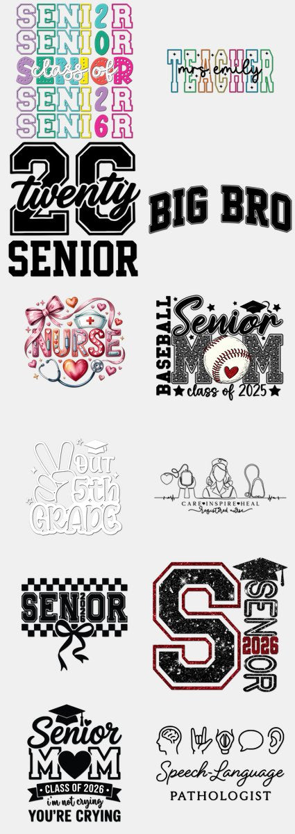 Graduation DTF Transfers Gang Sheet – 09 | 12 Designs Ready to Press