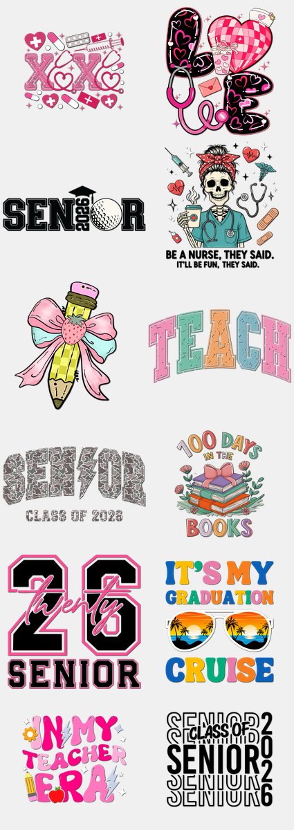 Graduation DTF Transfers Gang Sheet – 10 | 12 Designs Ready to Press