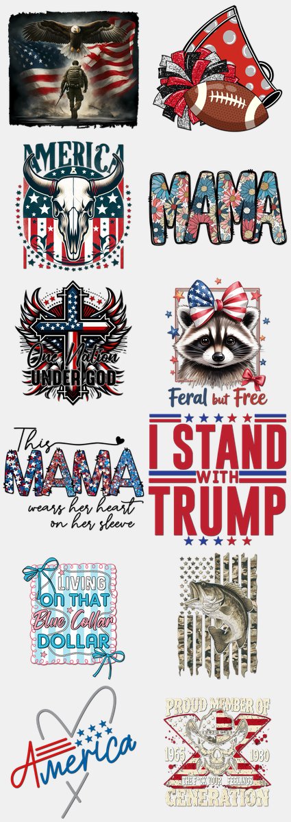 Patriotic DTF Transfers Gang Sheet – 02 | 12 Designs Ready to Press