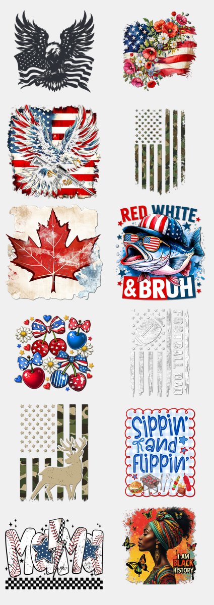Patriotic DTF Transfers Gang Sheet – 04 | 12 Designs Ready to Press