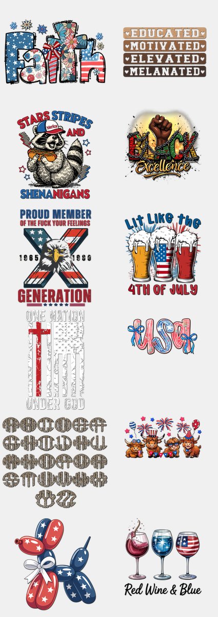 Patriotic DTF Transfers Gang Sheet – 05 | 12 Designs Ready to Press