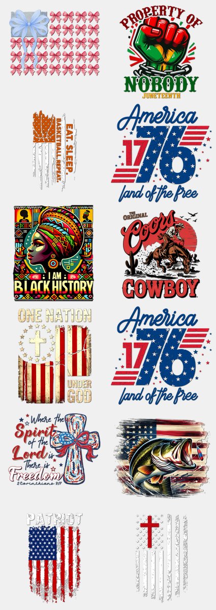 Patriotic DTF Transfers Gang Sheet – 07 | 12 Designs Ready to Press