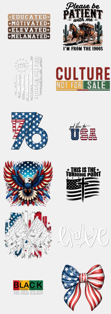 Patriotic DTF Transfers Gang Sheet – 08 | 12 Designs Ready to Press