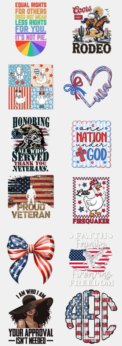 Patriotic DTF Transfers Gang Sheet – 09 | 12 Designs Ready to Press