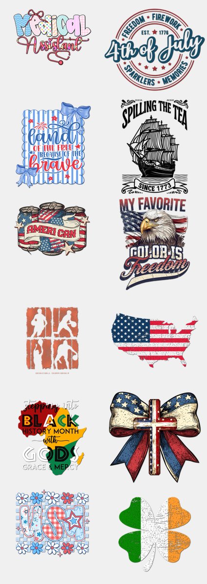 Patriotic DTF Transfers Gang Sheet – 10 | 12 Designs Ready to Press