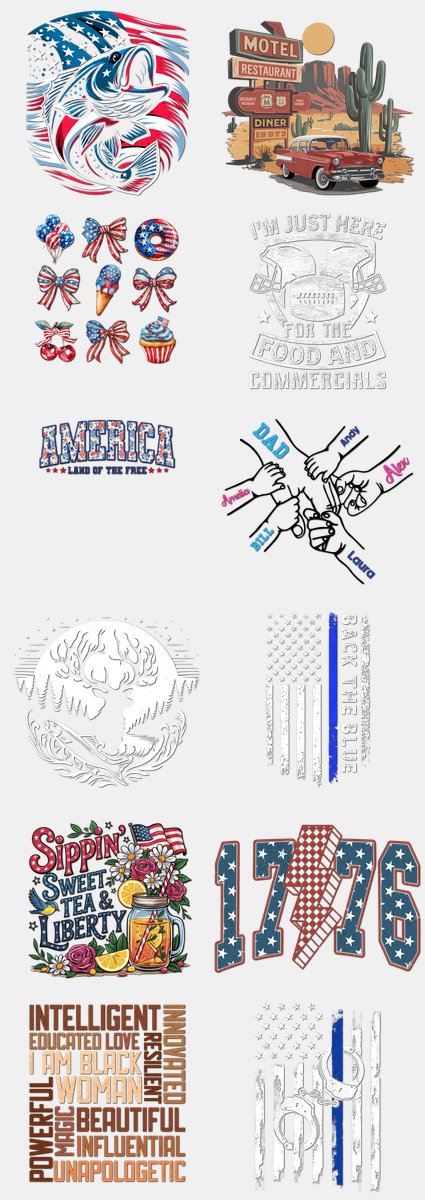 Patriotic DTF Transfers Gang Sheet – 12 | 12 Designs Ready to Press