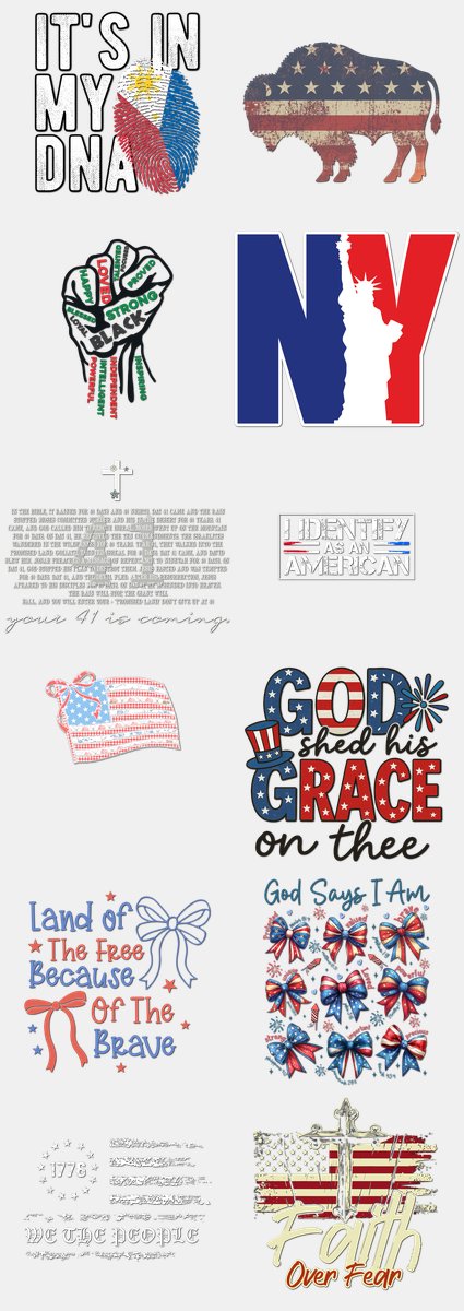 Patriotic DTF Transfers Gang Sheet – 14 | 12 Designs Ready to Press