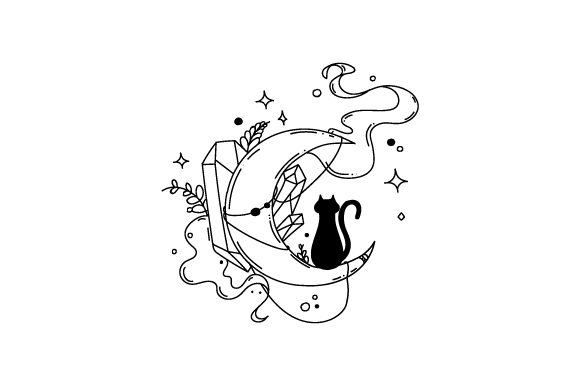 Cat, Moon, and Crystals
